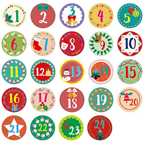 Oblique Unique® 24 Adventskalender Sticker Zahlen Aufkleber für Weihnachten zum Basteln und Verzieren - wählbar (Kreis - Bunt) von Oblique Unique