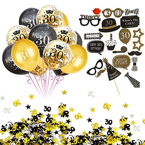 Oblique Unique® 30. Geburtstag Party Feier Deko Set - Happy Birthday 30 Konfetti Luftballons Set + Fotorequisiten Fotoaccessoires + Konfetti Zahl 30 + Sterne Gold Silber Schwarz Mix von Oblique Unique