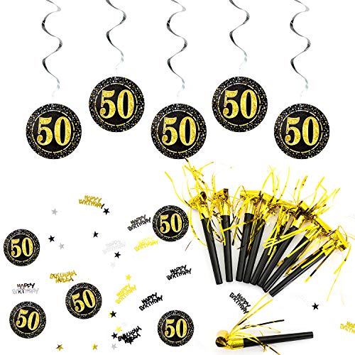 Oblique Unique® 50. Geburtstag Party Feier Deko Set - Tröten + Deckenhänger Wirbel Spiral Girlanden mit Zahl 50 + Konfetti Zahl 50 + Happy Birthday + Sterne Gold Silber Schwarz von Oblique Unique