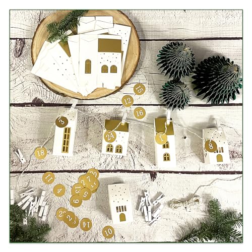 Oblique Unique® Adventskalender Deko Set Häuschen Schachteln Boxen Häuser 3D Tannenbäume als DIY Dekoration Geschenkverpackung Deko für Weihnachten von Oblique Unique