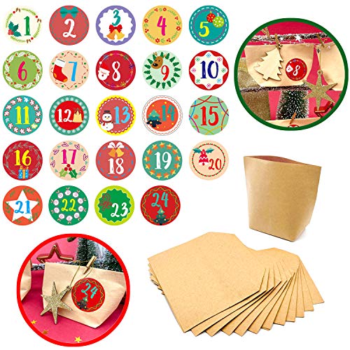 Oblique Unique® DIY Adventskalender Set mit 24 Tüten aus Kraftpapier und 24 Zahlen Sticker Aufkleber für Weihnachten Advent Deko Kisten Basteln (Bunt) von Oblique Unique