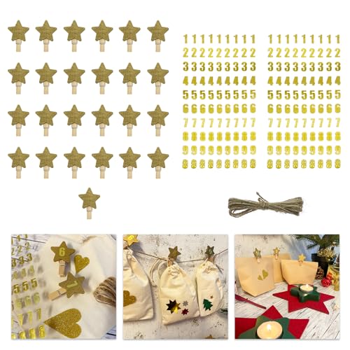 Oblique Unique® DIY Adventskalender Set mit 25 Stern Klammern und Zahlen Sticker Aufkleber für Weihnachten Advent Deko DIY Kalender Basteln (Goldene Sterne + Zahlenaufkleber) von Oblique Unique
