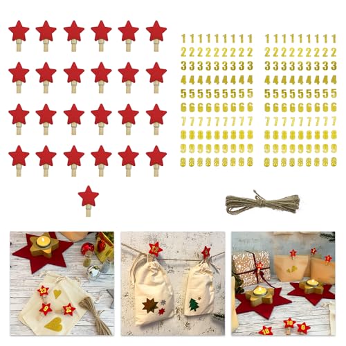 Oblique Unique® DIY Adventskalender Set mit 25 Stern Klammern und Zahlen Sticker Aufkleber für Weihnachten Advent Deko DIY Kalender Basteln (Rote Sterne + Zahlenaufkleber) von Oblique Unique