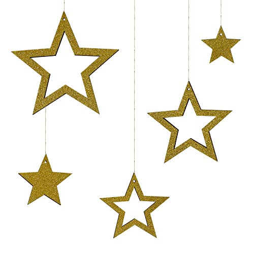 Oblique Unique® Holz Sterne 5er Set Holzdeko Holzstern Glitzernd Dekosterne zum Aufhängen für Weihnachten Weihnachtsdeko aus Echtholz von Oblique Unique