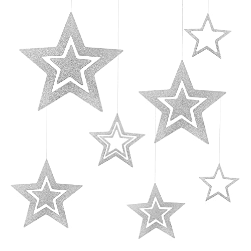 Oblique Unique® Sterne zum Aufhängen 7er Set Glitzer Stern Deckenhänger Deko für Weihnachten Advent und Winter Dekoration Weihnachtsdeko (Stern - Silber) von Oblique Unique