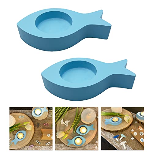 Oblique Unique® Teelichthalter Fisch 2er Set Kerzenhalter Fische aus Holz - Tisch Dekoration für Taufe Kommunion Konfirmation Taufdeko (Hellblau) von Oblique Unique