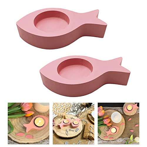 Oblique Unique® Teelichthalter Fisch 2er Set Kerzenhalter Fische aus Holz - Tisch Dekoration für Taufe Kommunion Konfirmation Taufdeko (Rosa) von Oblique Unique
