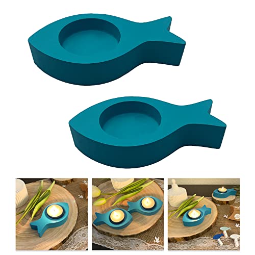 Oblique Unique Teelichthalter Fisch 2er Set Kerzenhalter Fische aus Holz - Tisch Dekoration für Taufe Kommunion Konfirmation Taufdeko (Türkis) von Oblique Unique