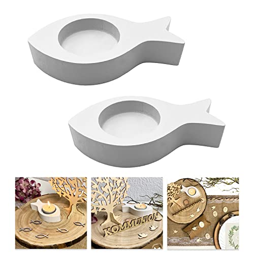 Oblique Unique® Teelichthalter Fisch 2er Set Kerzenhalter Fische aus Holz - Tisch Dekoration für Taufe Kommunion Konfirmation Taufdeko (Weiß) von Oblique Unique