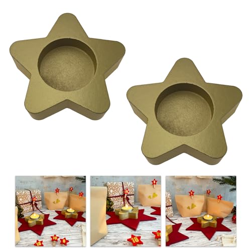 Oblique Unique® Teelichthalter Stern 2er Set Kerzenhalter Sterne aus Holz - Tisch Dekoration für Winter Weihnachten Weihnachtsfest Festtafel (Gold) von Oblique Unique