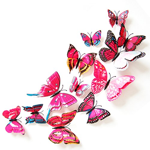 Oblique Unique 3D Schmetterlinge Doppelflügel Effekt Blumen 12er Set Dekoration Wandtattoo (Pink) von Oblique Unique