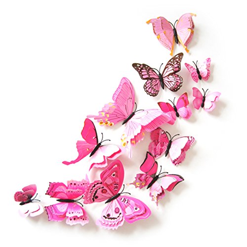 Oblique Unique 3D Schmetterlinge Doppelflügel Effekt Blumen 12er Set Dekoration Wandtattoo (Rosa) von Oblique Unique