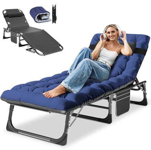 Obqer Folding Lounger, 200KG Belastbarkeit Klappbett Gästebett mit Matratze, Seitentaschen und Kopfstütze, verstellbare Rückenlehne, geeignet für Garten, Sonnenbaden, Büro Obqer Folding Lounger, 200KG Belastbarkeit Klappbett Gästebett mit Matratze, Seitentaschen und Kopfstütze, verstellbare Rückenlehne, geeignet für Garten, Sonnenbaden, Büro von Obqer