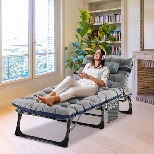 Obqer Gästebett Klappbar, 200kg Tragkraft Campingbett Mit Matratze, KopfstüTze Und Seitentaschen, 5-Fach Verstellbare RüCkenlehne, Feldbett Klappbar Geeignet FüR Schlafzimmer, BüRo, Garten, Pool von Obqer