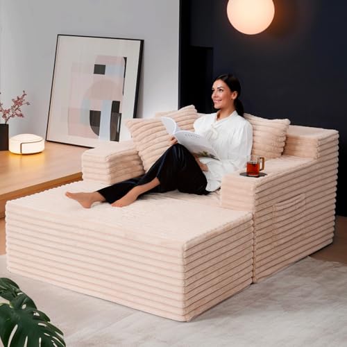 Obqer Sofa mit Schlaffunktion, Extra GroßEs Schlafsofa aus Schaumstoff, Ecksofa in L-Form Mit FußHocker, Ergonomisch, Kunstfell-Wolkensofa, Schlafcouch füR Wohnzimmer, Schlafzimmer, Zimmer, BüRo, Kino von Obqer