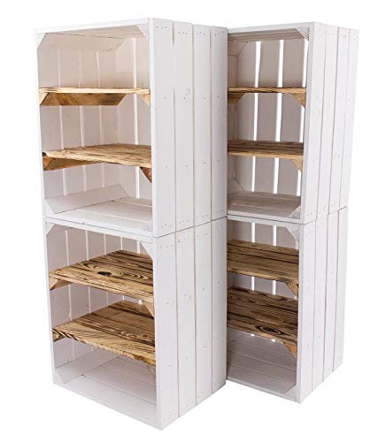 Obstkisten Online 4 Stück Weiße Holzkiste mit 2 geflammten Mittelbrettern quer 50cm x 40cm x 30cm Obstkiste Weinkiste mit Zwischenböden flambiert/gebrannt Wandregal Natur Garten Küchenregal von Obstkisten Online