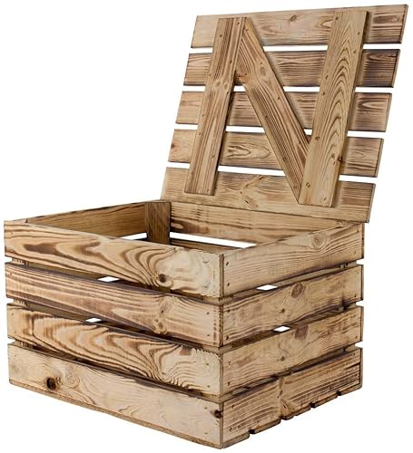 Obstkisten-online Holztruhe mit Deckel Truhe Couchtisch im Landhausstil, Stauraum für Decken, Kissen Schlafzimmer (48x36x28cm geflammt) von Obstkisten Online