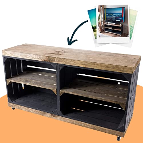 Obstkisten Online Sideboard aus Holz, braune Regalbretter, auf Rollen mit 4 Fächern - NEU - 100x30x50 cm - idealer TV Schrank/Bank (Black) von Obstkisten Online