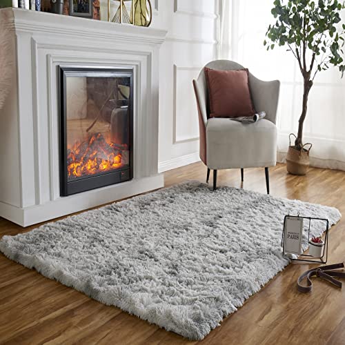 Obundi Anti-Rutsch Hochflor-Teppich,Tie-Dye Weicher Teppich Wohnzimmer Flauschig Waschbarer Teppiche (Hellgrau,160x230cm) von Obundi
