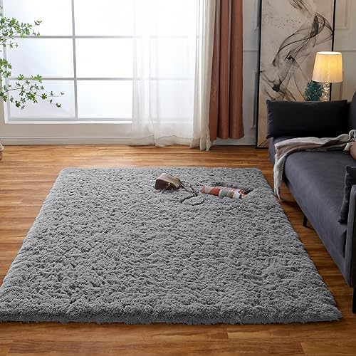 Obundi Hochflor Teppich Grau Shaggy Langflor Teppich Komfortabler Teppich mit Akzent im Kinderzimmer (Grau,60×120 cm) von Obundi