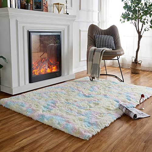 Obundi Flauschiger-Teppich,Rechteck Plüsch Teppiche Schlafzimmer,Weicher Teppiche Geeignet für Wohnzimmer Kinderzimmer (Regenbogen,120×160 cm) von Obundi
