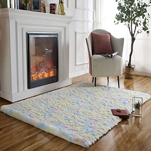 Obundi Hochflor Teppich,Flauschig Indoor Waschbarer Teppich Weicher Teppiche Regenbogen Tie-Dye Teppiche Wohnzimmer (Regenbogen,160x230cm) von Obundi