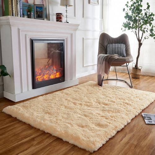 Obundi Flauschiger Teppich, Anti-Rutsch Unterseite Waschbar Teppich für Schlafzimmer,Wohnzimmer Teppiche Klein (Beige,90x160cm) von Obundi