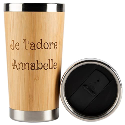 Großer holz-thermobecher mit personalisierbarem text - Bambus-Thermoskanne mit eingraviertem Text und abnehmbarer Kappe von Ocadeau