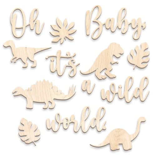 Ocasy 3D Schriftzug Holz "Oh Baby, its a wild world" mit Dinos und Blättern, Wanddekoration ca. 60x120cm, DIY Holzdeko für Kinderzimmer von Ocasy