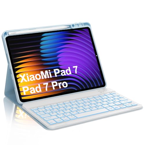 Occtingkind, Tastatur für Xiaomi Pad 7, Hülle mit Tastatur für Xiaomi Pad 7/7 Pro 2024 11,2 Zoll, Magnetische Abnehmbar Bluetooth Keyboard, QWERTZ, USB C, Hintergrundbeleuchtung, Himmelblau von Occtingkind
