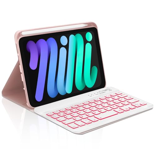 Occtingkind, Tastatur für iPad Mini, Hülle mit Tastatur für iPad Mini 6/7 (2021/2024), Magnetische Abnehmbar Bluetooth Keyboard für iPad Mini 8.3 Zoll, QWERTZ, USB C, Hinterbeleuchtung, Rosa von Occtingkind