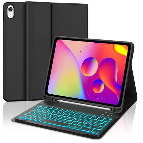 Occtingkind Schutzhülle mit Tastatur für iPad 10 Gen 2022, 26,9 cm (10,9 Zoll), Bluetooth-Tastatur mit 7-farbiger Hintergrundbeleuchtung, mit Stiftfach, QWERTY-Design in Spanisch, kompatibel mit iPad von Occtingkind