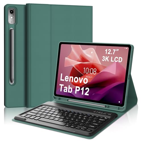 Tastaturhülle für Lenovo Tab P12 12,7 Zoll, AZERTY, Französisch, Bluetooth-Tastatur, magnetisch, abnehmbar, mit Stifthalter, für Lenovo Tab P12 12,7 Zoll 2023 (TB370FU), Dunkelgrün von Occtingkind