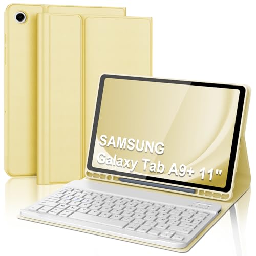 Tastaturhülle für Samsung Galaxy Tab A9 Plus/A9+ 11 Zoll, AZERTY, Französisch, Bluetooth-Tastatur, magnetisch, abnehmbar, mit Stifthalter, für Samsung Galaxy Tab A9 Plus 11 Zoll 2023, Hellgelb von Occtingkind