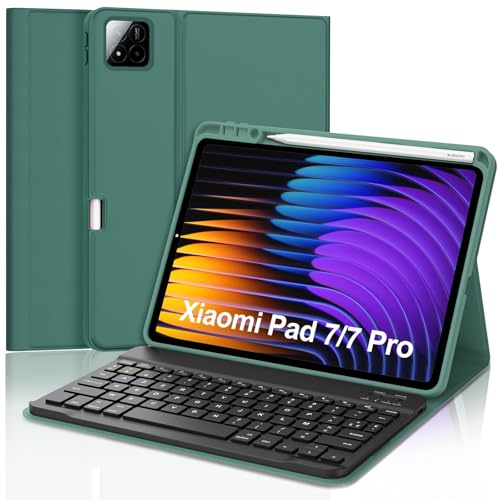 Tastaturhülle für Xiaomi Pad 7/7 Pro 11,2 Zoll 2025, AZERTY, französische AZERTY-Tastatur, magnetisch, abnehmbar, mit Stifthalter, für Xiaomi Pad 7/7 Pro 2025 11,2 Zoll, Dunkelgrün von Occtingkind