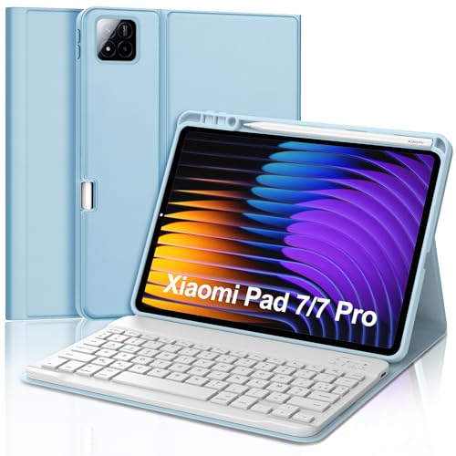 Tastaturhülle für Xiaomi Pad 7/7 Pro 11,2 Zoll 2025, AZERTY, französische AZERTY-Tastatur, magnetisch, abnehmbar, mit Stifthalter, für Xiaomi Pad 7/7 Pro 2025 11,2 Zoll, Himmelblau von Occtingkind