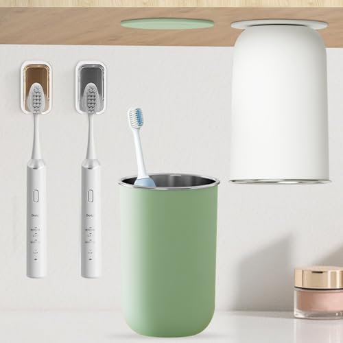 Edelstahl Zahnputzbecher 350ml (304 Edelstahl)(1 Weiß + 1 Grün)+Zahnbürstenhalter Wandmontage(1 Grau + 1 Orange), Magnetischer Mundspülbecher mit modernem Design (2 Becher + 2 Zahnbürstenhalter) von Occupaternm