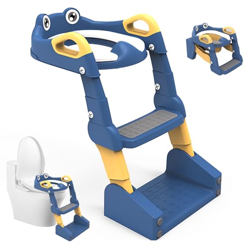 Kindertopfenstuhl mit Stufe, Höhenverstellbarer WC-Sitz für Kinder mit integrierter Treppe Spritzschutz, Rutschfester PU-gepolsterter Sitz, Faltbar, für Töpfchentraining (2-6 Jahre) (Blau) von Occupaternm