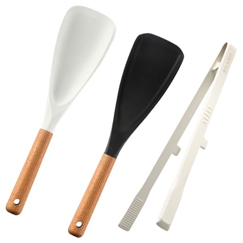 Multifunktionaler Spatel Kochlöffel,Kochzange,2-in-1 Matte Silikonschaufel Salatlöffel mit Holzgriff,Hitzebeständige,Küchenutensilien Zum Mischen, Servieren, Abtropfen (Schwarz + Weiß) von Occupaternm