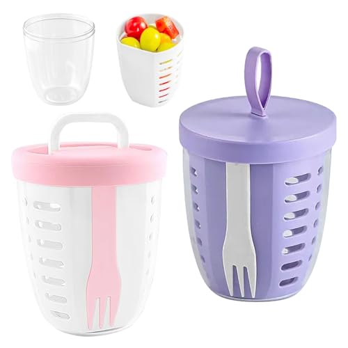 Occupaternm 2 Stück Doppeltes Obst- & Gemüsebehälter-Set (600ml), 1 Lila + 1 Pink, Inklusive Sieb & Gabel – Perfekt für Unterwegs, Büro & Schule (Lila mit Tragegriff + Pink mit Henkel) von Occupaternm