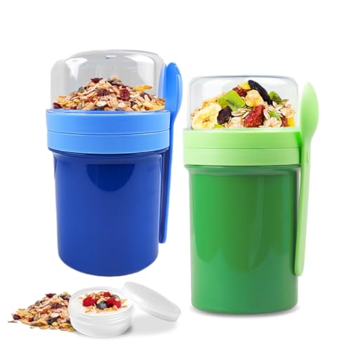 Occupaternm 2 Stück Müslibecher to Go, Joghurtbecher to Go Mit Löffel, 450ml+350ml Blau und 550ml+350ml Grün, Müsli Becher to Go für Müsli & Joghurt, Auslaufsicher Müsli Cup Becher (Blau) von Occupaternm