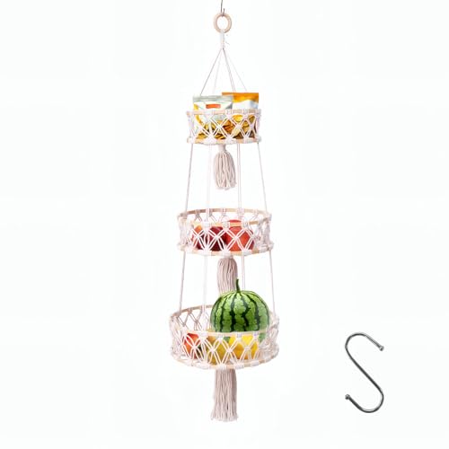 Occupaternm Hängekorb aus Baumwollseil, Handgefertigter geflochtener 3-stöckiger Obstkorb, Obstaufbewahrungskorb für die Küche, Bohemian bamboo loop fruit net, für Obstaufbewahrung (Weiß) von Occupaternm