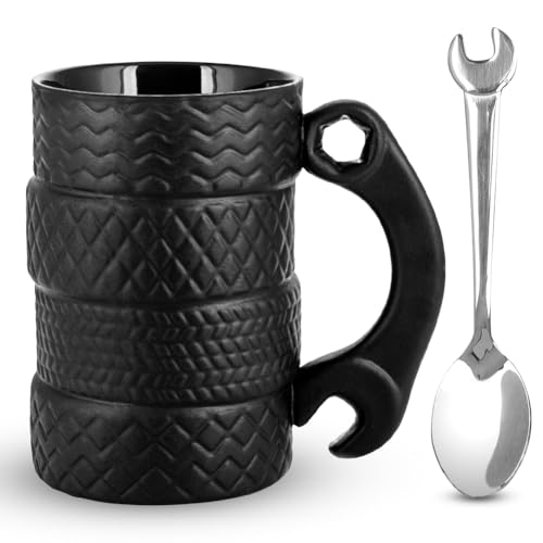 Reifentasse mit Löffel 450ml Großes Keramikbecher Kaffeebecher Keramik Kreativer Tasse 3D Henkel Reifentasse Kaffeetasse Groß Autotasse mit Henkel für Männer Autoliebhaber Fahrer Mechaniker handwerker von Occzin
