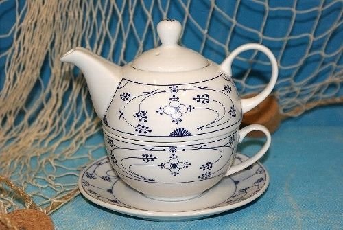 Ocean Line Wilhahn (früher, Set Tea for One Indisch Blau/Strohblume Porzellan (Kanne Tasse Untertasse) von Ocean Line
