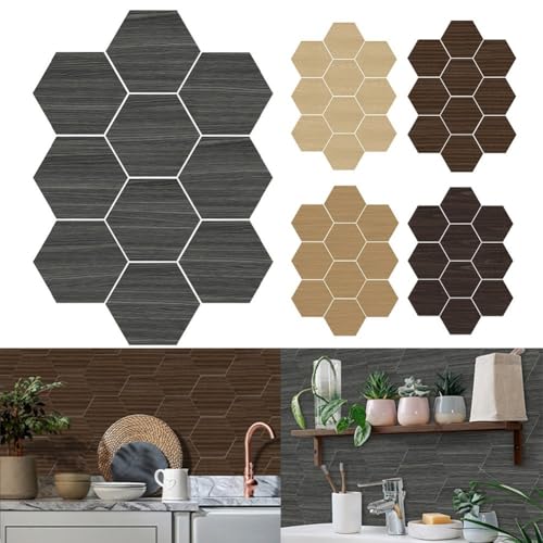 Sechseckige Holzmaserung, Schaumstoff-Wandaufkleber, 10 Stück, wasserdichte und ölbeständige Fliesenaufkleber mit rutschfester Textur für Wanddekoration (C) von Oceanlend