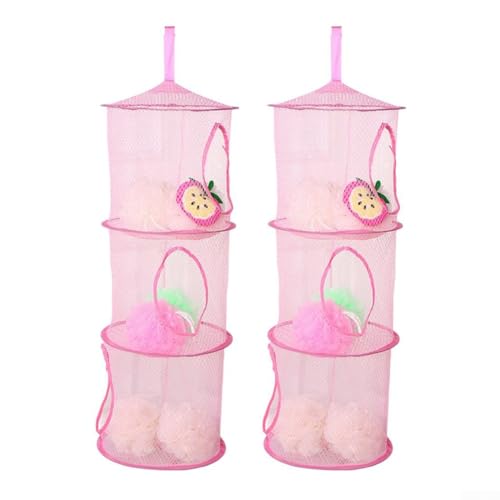 Set mit 2 dreilagigen Hängeaufbewahrung, faltbare Netzkörbe mit Haken für effiziente Organisation zu Hause und kleine Aufbewahrung (Rosa) von Oceanlend