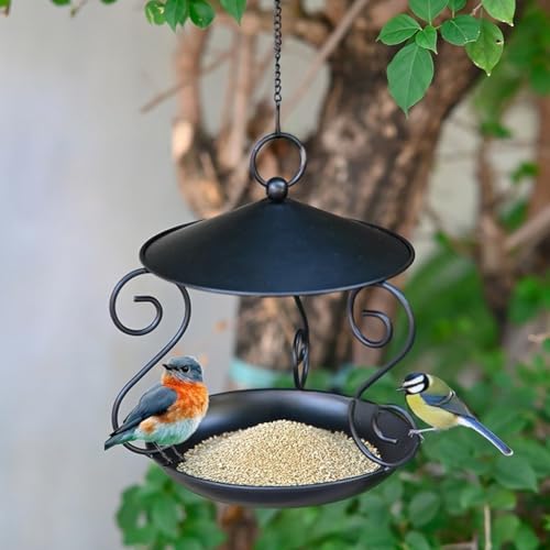 Vogelfutterstation zum Aufhängen, mit Tablett, Metall, hängende Kolibri-Futterstation, Vogelfutterbehälter mit geräumigem Futterschlitz, für Außenterrassen-Dekoration von Oceanlend