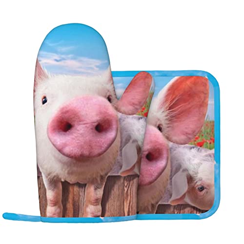 Lustiges süßes Schwein Ofenhandschuhe und Topflappen Set für Küche Kochen und Backen und Mikrowelle, Silikon Anti-Heiß-Handschuhe + Anti-Heiß-Pad (Linke Handschuhe) von OCELIO