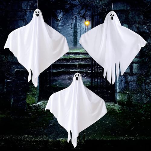 3 Stück Halloween-Hänge-Geist, Niedliche Fliegende Geister, Halloween Deko Hängender Geist, Weißer Geist Hängedekoration 60cm, für Innen Außen Bäume Terrasse Garten Halloween Party Dekoration von Ockyunoo