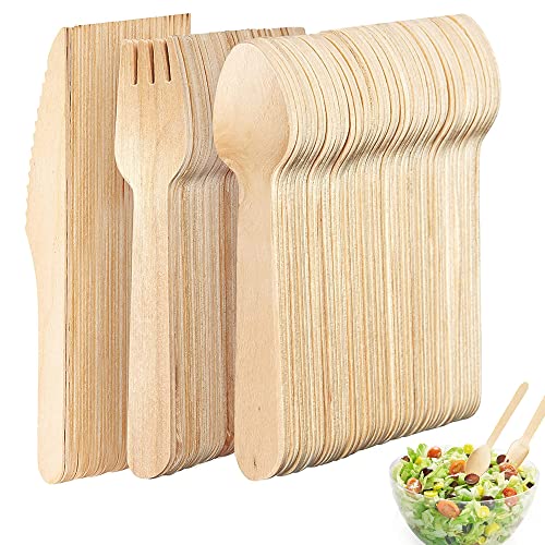 300 Stück Messer Set, Kompostierbares Holzbesteck Set, Premium Holzbesteck Set, Umweltfreundliches Holzbesteck Set, Biologisch Abbaubar, Für Picknicks, Grillabende, Partys von Ockyunoo